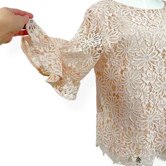 Nanette Lepore Floral Lace Crew Neck Bell Sleeve Top Shirt Large Light Pink - Picture 2 of 14